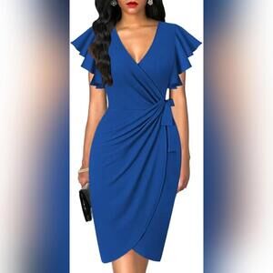 NWT Oten Deep V Neck Ruffle Sleeve Sheath Cocktail Party Faux Wrap Dress, Large